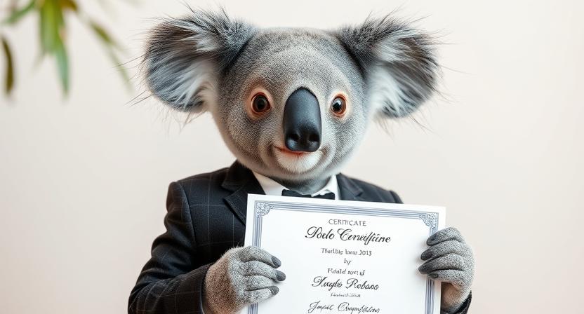 Koala in suit with certificate
